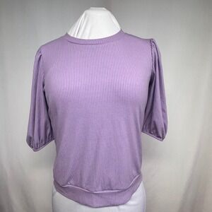 Lavender Ribbed Puff Sleeve Top Womens Medium Short Sleeve Stretch Knit Blouse